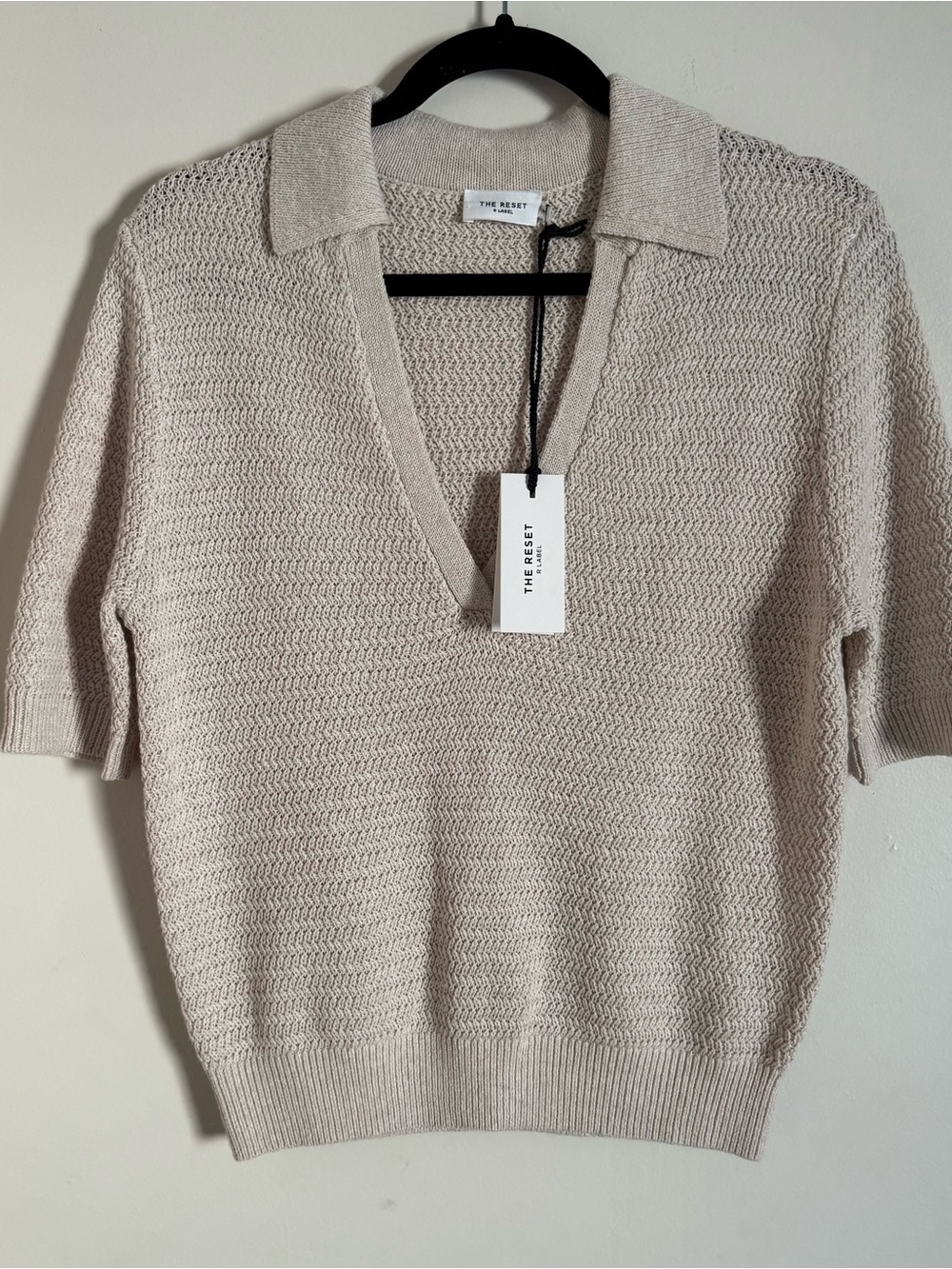 The Reset V-Neck Knit Polo Sweater in Light Beige
